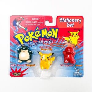 NEW Pokémon stationery set - Snorlax magnet, Pikachu memo clip, Squirtle eraser